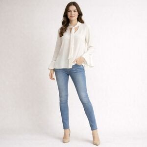 Alexie V-neck Silky Crepe Tie Neck Blouse Ivory Medium